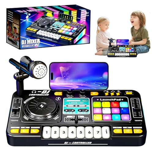 DJ Pult Niños DJ Controlador Mezclador con Micrófono, Dj Pult Principiante, Dj Mesa de Mezclas Niños 100+ Efectos de Sonido Luz, Juguete de Regalo para Niños Niñas 3-10 Años para Streaming, Voz
