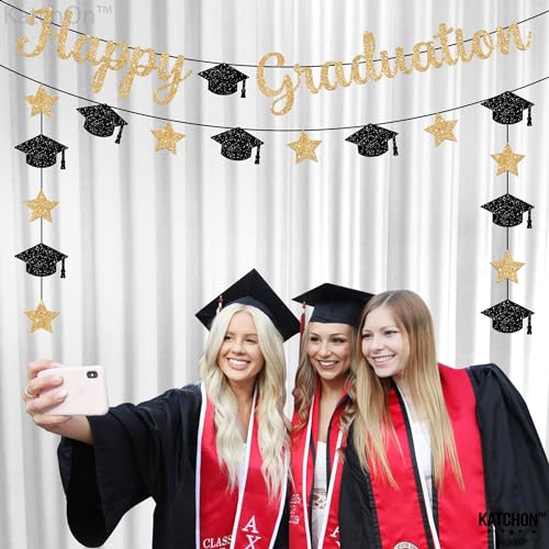 Image of Glitter Happy Graduation Banner - No DIY, Pre-Strung | Happy Graduation Sign for Grad Party Decorations 2026 | Black and Gold Graduation Decorations 2026 - Katchon