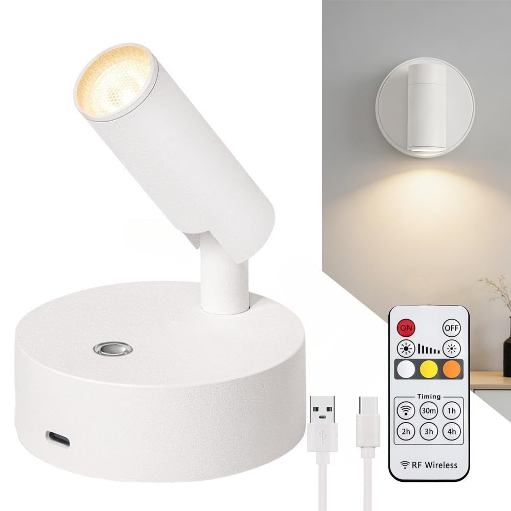 Dhqkqg Wireless LED Spotlight, Rechargeable LED Wall Lights with Remote, 3 Colors & Dimmable Magnetic 360° Rotation Wall Lighting Spotlights, Picture Light Battery Operated for Artwork, Plant, White