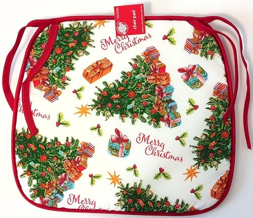 Ready To Shop Christmas Chair Pads - Set of 2, Merry Christmas Design with Trees, Gifts, 13.75 x 15 Inches
