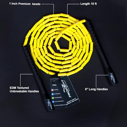 Image of Freestyle Unbreakable Long Handle Soft Shatterproof Beads 1Inch Beaded Jump Rope, Skipping Rope Adult. (10 Ft) (Yellow - Black handle)
