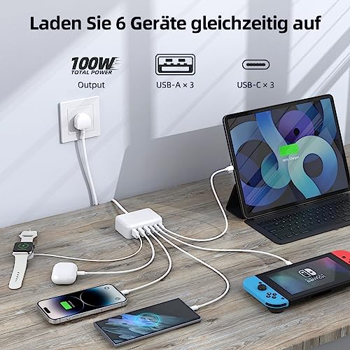 USB C Charger Block 100W GaN 6 Port Type USB C Charging Station Portable Travel Multi USB Desktop Charger 3 USB C 3 USB A Fast Charger for iPad iPhone 16 15 14 13 12 Pro Max Pixel Note Galaxy -White USB C Charger Block 100W GaN 6 Port Type USB C Charging Station Portable Travel Multi USB Desktop Charger 3 USB C 3 USB A Fast Charger for iPad iPhone 16 15 14 13 12 Pro Max Pixel Note Galaxy -White
