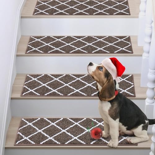 Image of COSY HOMEER Edging Stair Treads Non-Slip Carpet Mat 28inX9in Indoor Stair Runners for Wooden Steps, Stair Rugs for Kids and Dogs, 100% Polyester TPE Backing 4pcs,Brown