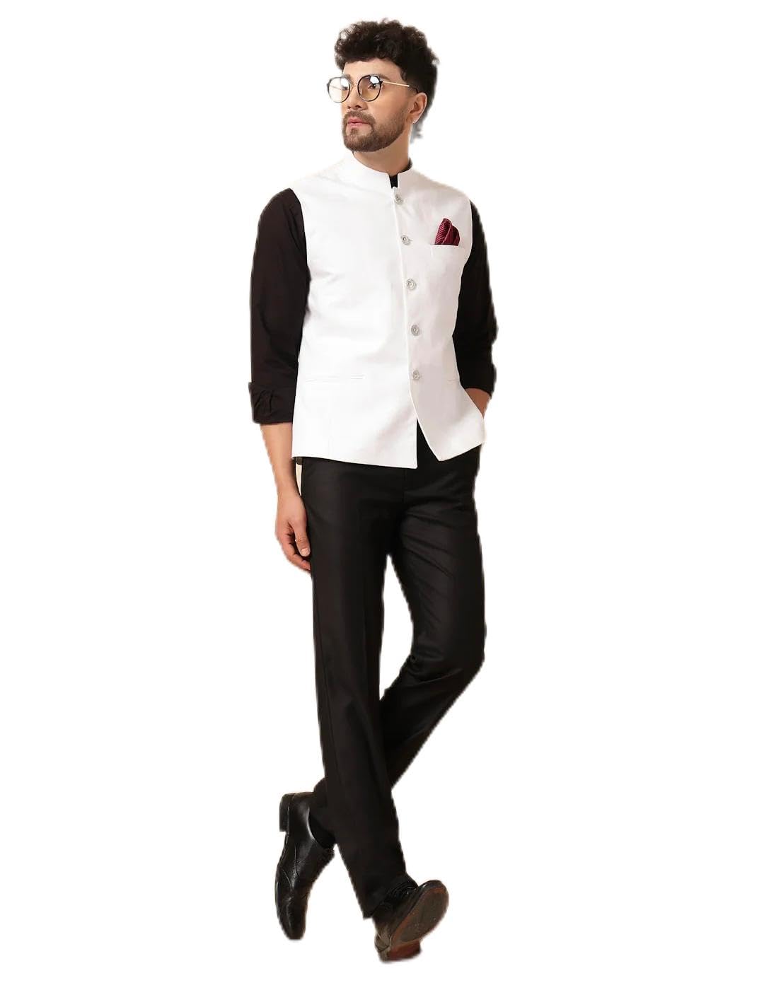 Men's White Nehru Jacket with Mandarin Collar, Button-Up Ethnic Waistcoat-picture-52