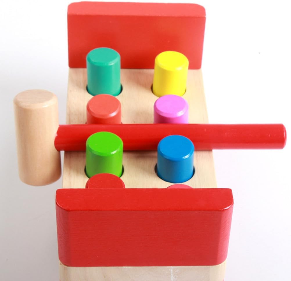 Montessori Wooden Pounding Bench Toy, Colorful Pegs & Hammer Set, Fine Motor Skills Development Tool