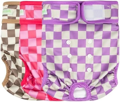 wegreeco Washable Female Dog Diapers Highly Absorbent Reusable Diapers for Dog in Heat Period Diapers, 3 Pack (Checkerboard Red, Purple, Coffee, Large)