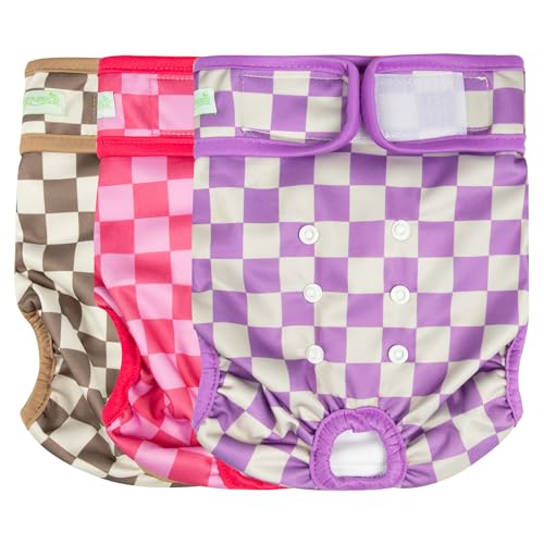 Image of wegreeco Washable Female Dog Diapers Highly Absorbent Reusable Diapers for Dog in Heat Period Diapers, 3 Pack (Checkerboard Red, Purple, Coffee, X-Large)