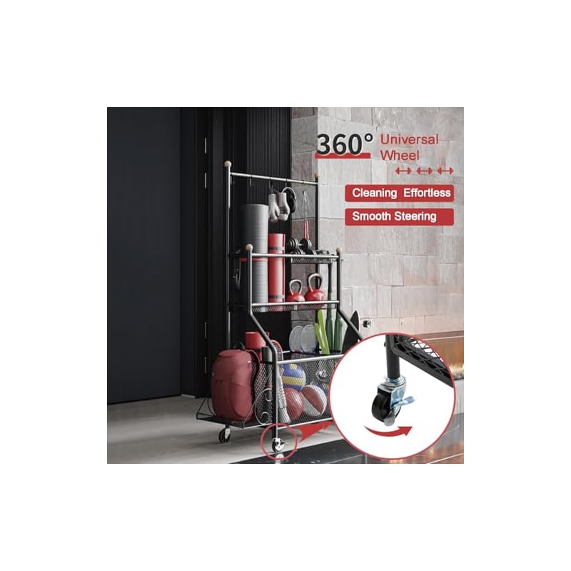 Home Gym Storage Rack, Yoga Mat Weight Rack with Lockable Wheels & Adjustable Hooks Weight Stand for Dumbbells, Yoga Mat Storage, Home Exercise, Fitness Gear - Image 4