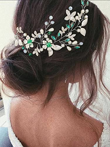 IYOU Crystal Bridal Hair Vine Green Pearl Wedding Headband Rhinestone Beades Headpiece Brides Bridesmaid Hair Accessories for Women