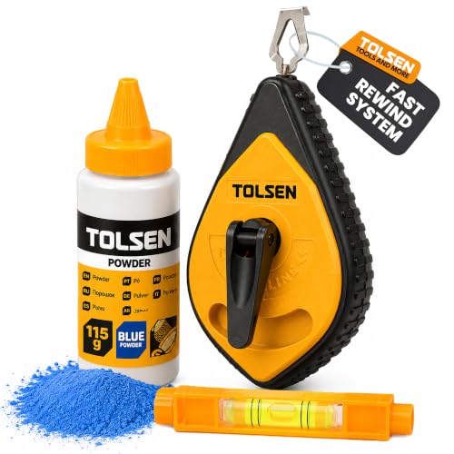 Tolsen Chalk Line Reel Set 30m (100ft) Heavy Duty Builders Chalk String Line Kit with Fast Rewind Reel and 115g Blue Marking Powder for Brick Timber and Floors