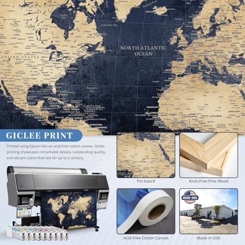 Image of IPIC - Vintage Teal World Map Pin Board Canvas Wall Art, Travel Map with Pins Included, Ready to Hang for Home or Office 24x16 Inch
