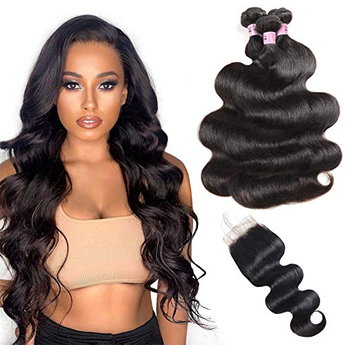Ali Funmi Human Hair Body Wave Bundles with Lace Closure (10 12 14+10 ) Unprocessed Brazilian Virgin Body Wave Human Hair 3 Bundles with 4x4 Free Part Closure Natural Black Color
