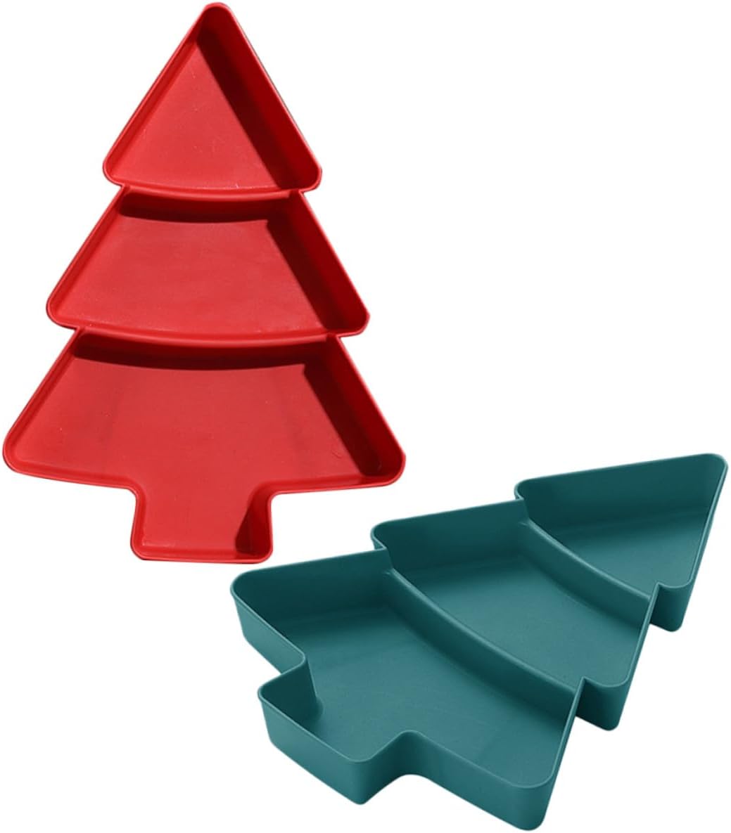 ARTIBETTER Christmas Tree Snack Tray 2pcs Set, Divided Fruit and Nut Serving Plates, Holiday Party Candy and Dessert Display Trays in Green and Red for Seasonal Entertaining