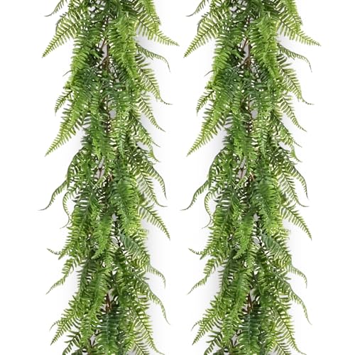 Yinder 2 Pack 6ft Artificial Greenery Garland Hanging Boston Fern Garlands Lifelike Leaf Green Fake Vines for Spring Summer Indoor Wall Mantel Home Decoration Wedding Arch Party Decor