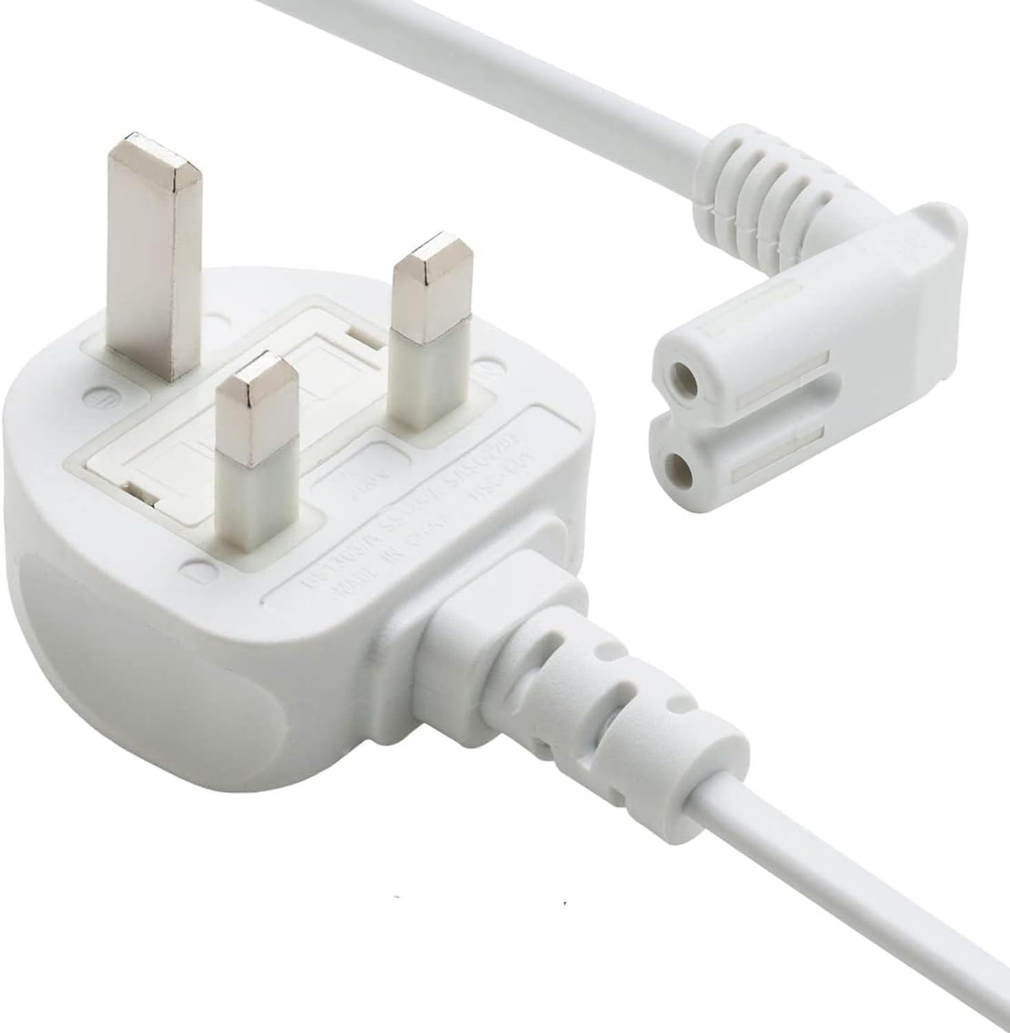 TRD UK Right Angle 2 Pin Figure 8 Power Lead White, 2 Pin power cable Compatible with Printers, LED LCD Smart TV Monitor, PC, Laptop Chargers, PS4, Xbox One S/X Figure 8 power cable Cord (0.5M)