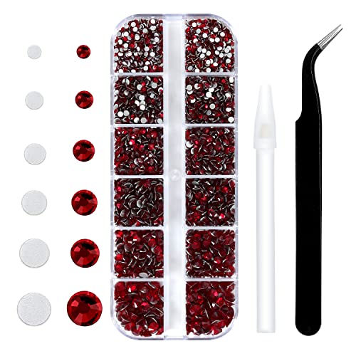 4240Pcs Flatback Dark Red Rhinestones Glass Crystal Gemstones for Nail Art Face Jewels Bling Round with Tweezers and Picking Pen (SS6~SS20 Set)