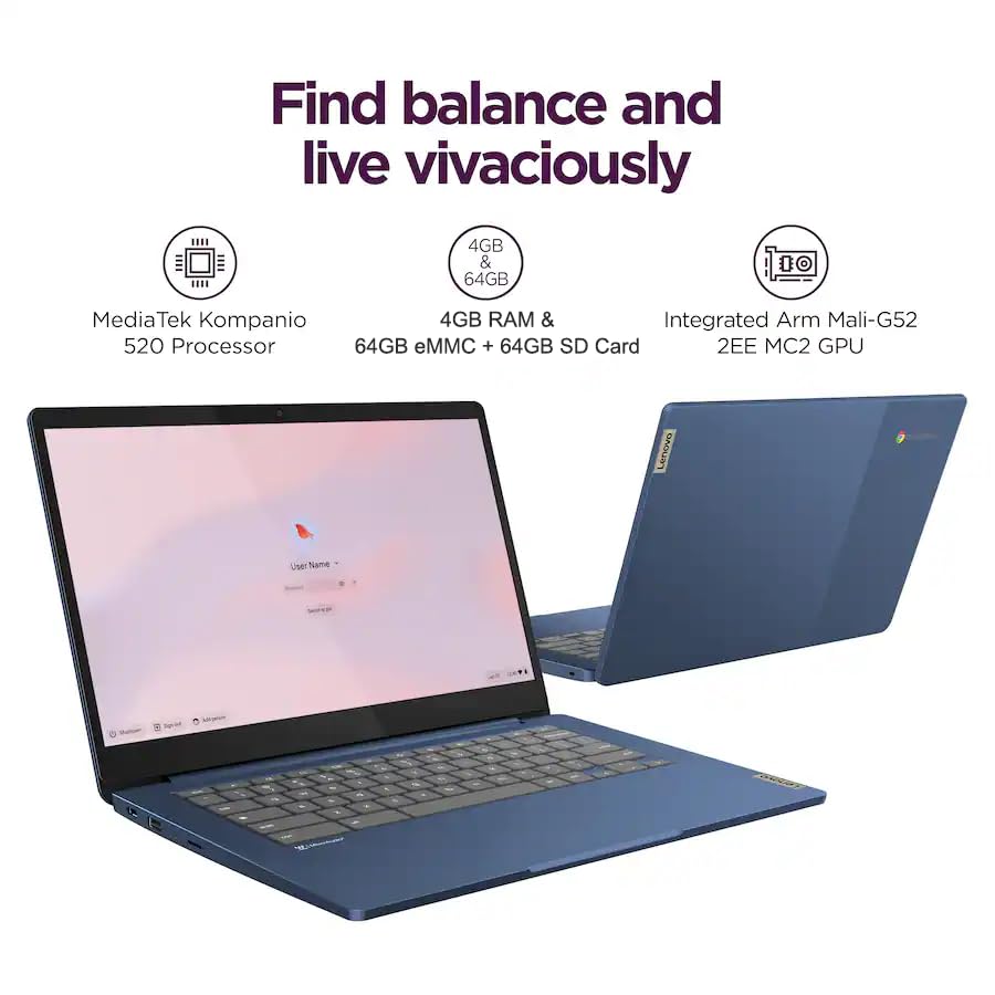 Image of Lenovo Chromebook 14 Laptop, MediaTek Kompanio 520, 4GB RAM, 128GB Storage