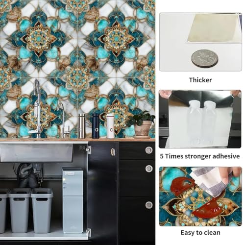 Image of Moroccan Tile Stickers | Waterproof Self Adhesive Peel & Stick Tile Decals for Kitchen Backsplash, Bathroom Wall, Floor, Furniture & Glass (6x6 Inch, Design 56)