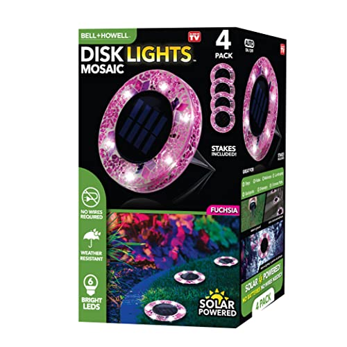 Bell+Howell Solar Outdoor Mosaic Disk Lights 4 Pack Ultra-Premium Glass Decorative Pathway Solar Outdoor Waterproof Disk LED Pathway Auto On/Off Lights - Radiant Pink