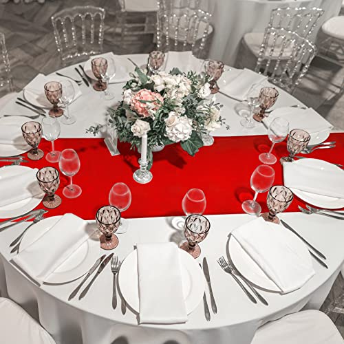 Image of 12 Pack 12x108 Inch Satin Table Runner and 84 Inch Round Plastic Tablecloths Set Red and White Disposable Round Table Cover for Graduation Wedding Bridal Shower Anniversary Birthday Party Decorations