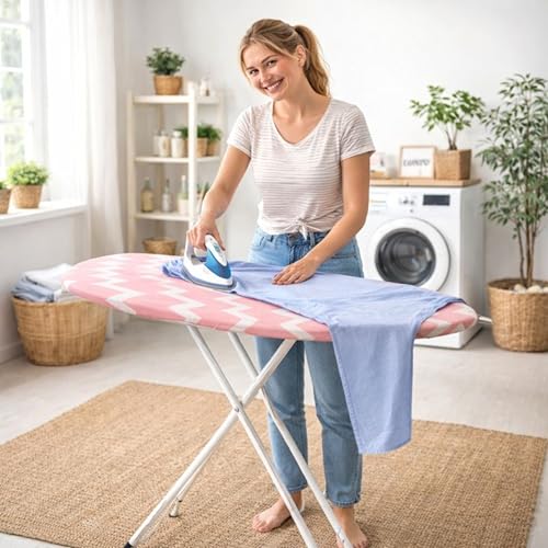 Image of JIALTO Vertical Ironing Board with 16 mm Metal Bracket, Adjustable Height Stand, Pure Cotton Cloth Cover, Foldable Iron Board for Home (Pink, A0-1 - 111 L X 30 W CM)