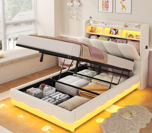 ADORNEVE Lift Up Storage Twin Bed Frame with Storage Headboard, Hydraulic Beds with Parallel Stroke, Boucle Upholstered Platform Bed with LED Lights,Charging Station, No Box Spring Needed, Beige