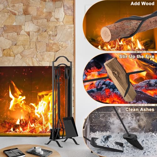 image for FEED GARDEN 29 Inch Fireplace Tools Set 5 Pieces Indoor Outdoor Wrough
