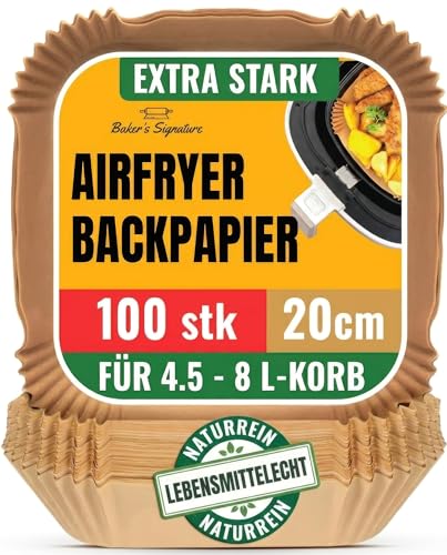 Airfryer Backpapier 100 Stück - 20-24 cm - Ungebleichte Antihaft Wasserdicht Ölfest Backpapier für Heißluftfritteuse für 4 5L-8L Körbe heißluftfritteuse Ideal für Ofen Pfannen und Backen