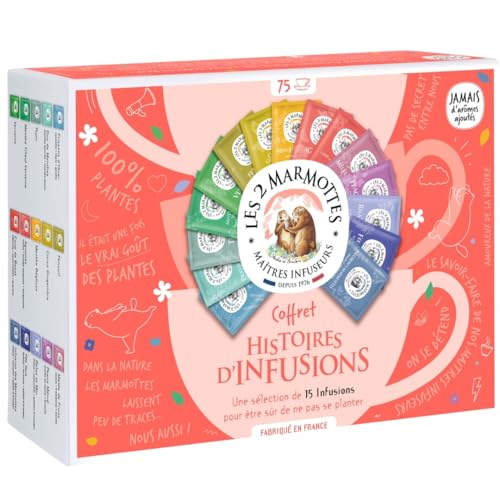 Les 2 Marmottes - Coffret Histoires d'Infusions 75 Sachets - 15 Tisanes - Amateurs de plantes, inconditionnels des infusions - Made In France - Sans arômes ajoutés - 116g