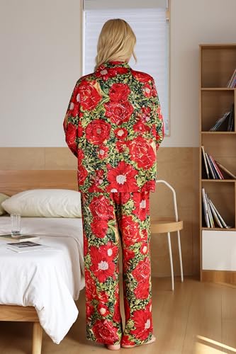 Image of YiNi LuLu Womens Silk Satin Pajamas Set Button Down 2 Piece Pjs Long Sleeve Oversized Sleepwear with Pockets