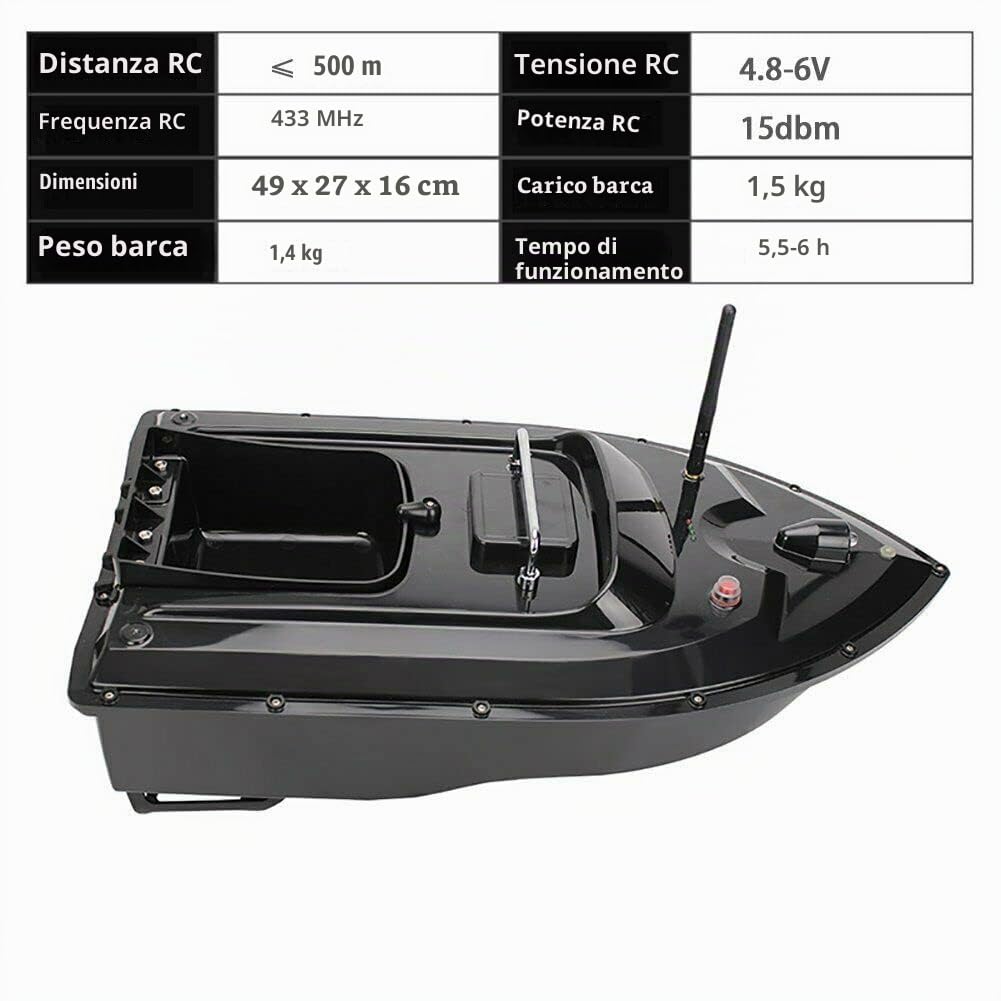 Barca da pesca wireless per esche da 500M, barca giocattolo RC intelligente motoscafo, tramoggia di carico da 1,5kg, doppi motori, borsa portatile (barca nera)