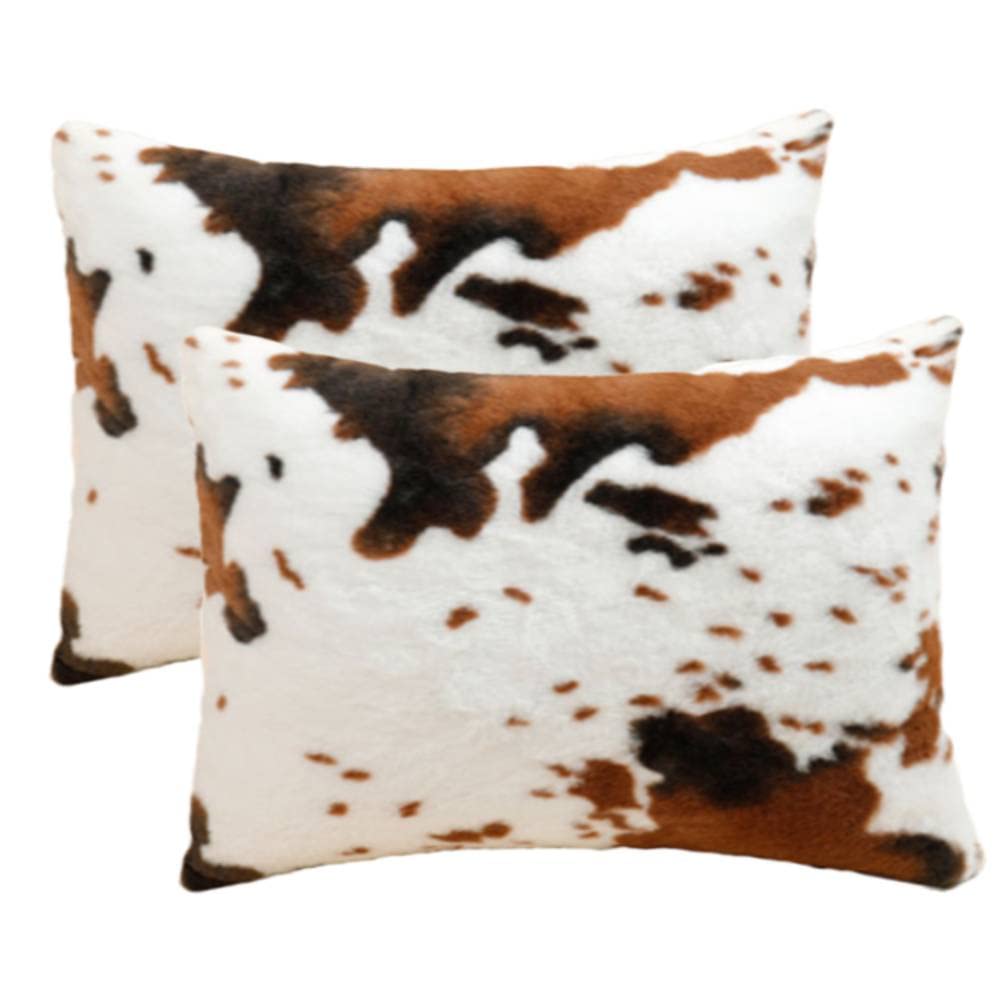 Entua Rectangle Throw Pillow Covers, Soft Fluffy Faux Fur Couch Pillow Cover Cow Hide Cowhide Animal Print Decorative Lumbar Pillowcase for Sofa Bed &