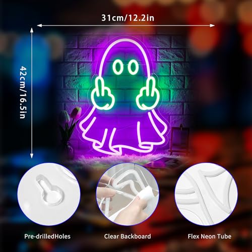 Image of Neon Sign, Ghost Neon Signs for Wall Decor LED Signs Neon Light | Ghost Neon Sign, Purple Led Sign for Bedroom, Gaming Room, Man Cave, Party, Bar, Halloween Decor, Boys Gift, USB Powered