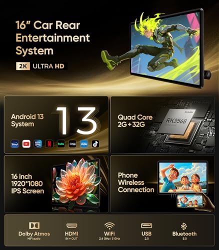 Image of 16 inch Car TV Headrest Monitor for Cars Back seat Universal Rear Entertainment System, Support Phone Wireless Mirror Link Touch Screen 4K,with WiFi /Bluetooth /HDMI /USB /Video Player (2G+32G(2*PCs))