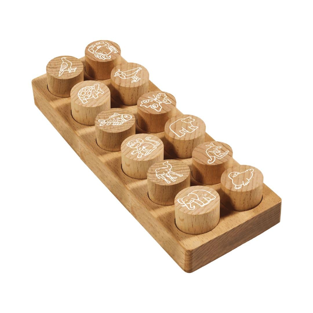 Tampons en bois Woodies animaux exotiques COLOP : kit de 12 motifs Ø 29 mm