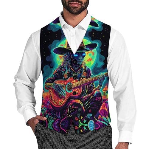 Psychedelic Aliens Playing Guitar Trendy Vest Suit for Men V Neck Formal Dress Waistcoat Vests Business Slim Fit