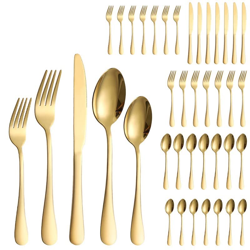 Ensemble de couverts en argenterie, 40 pièces acier inoxydable, occidentaux, couteaux à steak, fourchettes, cuillères dessert, vaisselle for 8 personnes, ensemble, doré