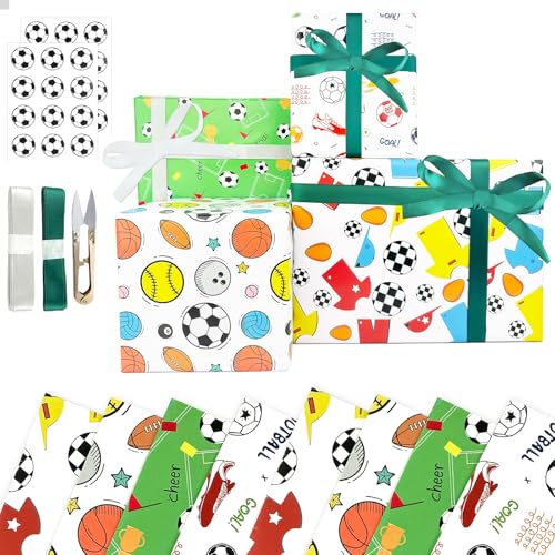 AYSYR 8 Pièces Papier Cadeau Football 50x70cm,Emballage Cadeau avec 2 Rouleaux de Ruban,1 Paire de Ciseaux et 12 Autocollant Foot,Wrapping Paper sac Cadeau...