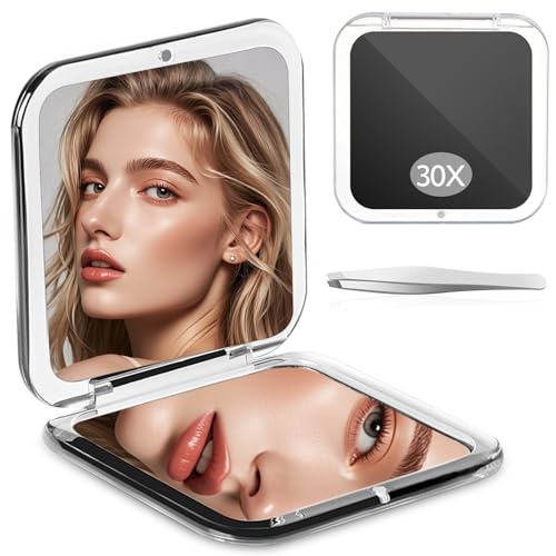 Zikenis Miroir Grossissant, 1X/30X Loupe, Kleiner Miroir de Poche, Miroir de Maquillage sans Tain, Interrupteur Magnétique, Pliable, Portable Miroirs...