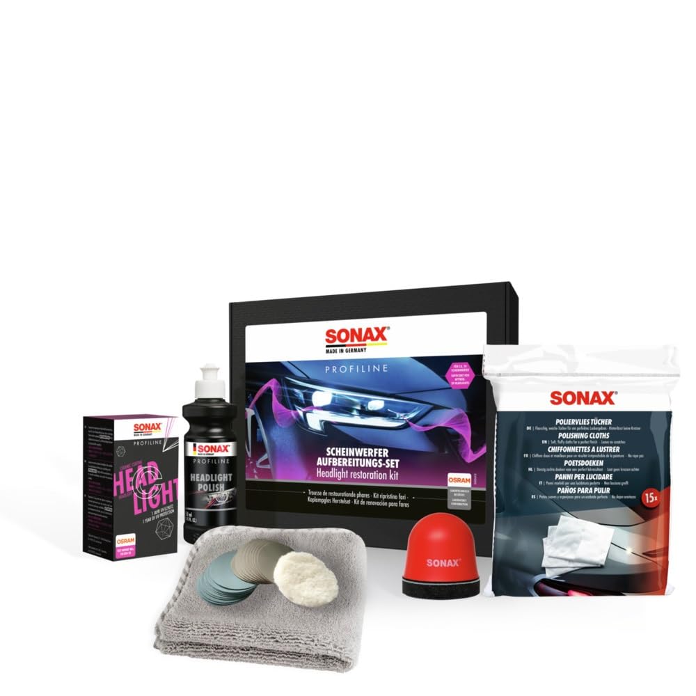 SONAX PROFILINE ScheinwerferAufbereitungsSet (1 Set) zur Aufbereitung von altersbedingt vergilbten und vermatteten Scheinwerfern aus Kunststoff | Art-Nr. 04056410