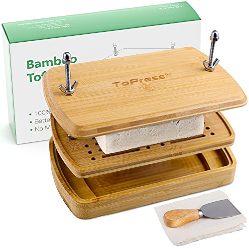 Tofu Press Bamboo, Tofu Presser, Easily Remove Water from Tofu for Better Texture & Flavor, Built in with Water Strainer & Drip Tray, Flax Cloth Filter & Shovel & Tofu Recipes, BPA Free, E-co Friendly