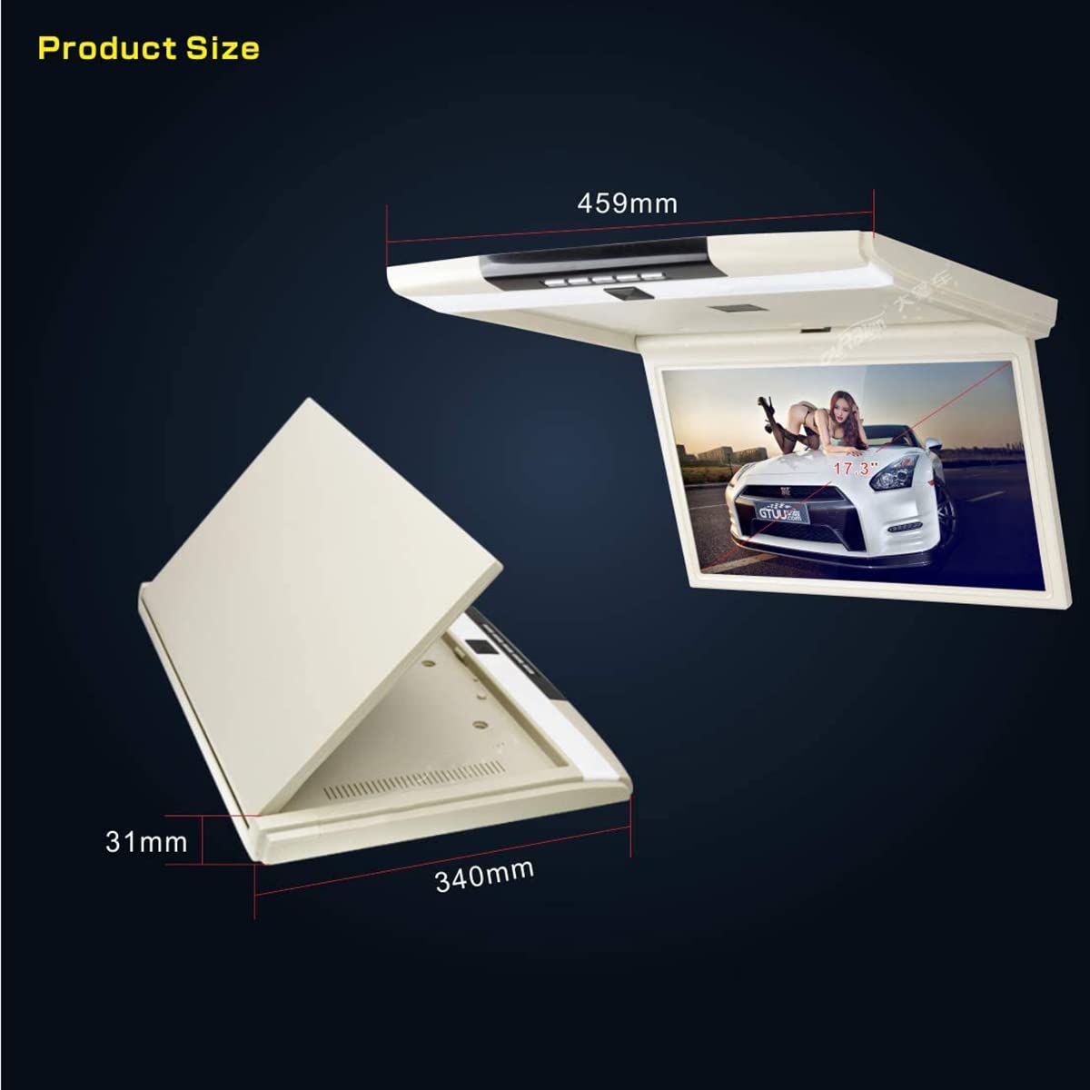 Supporto per tettuccio Flip Down Video Monitor per auto, Display ad alta risoluzione Monitor per supporto HDMI FM trasmettere SD/USB Ingresso 17,3" (nero)