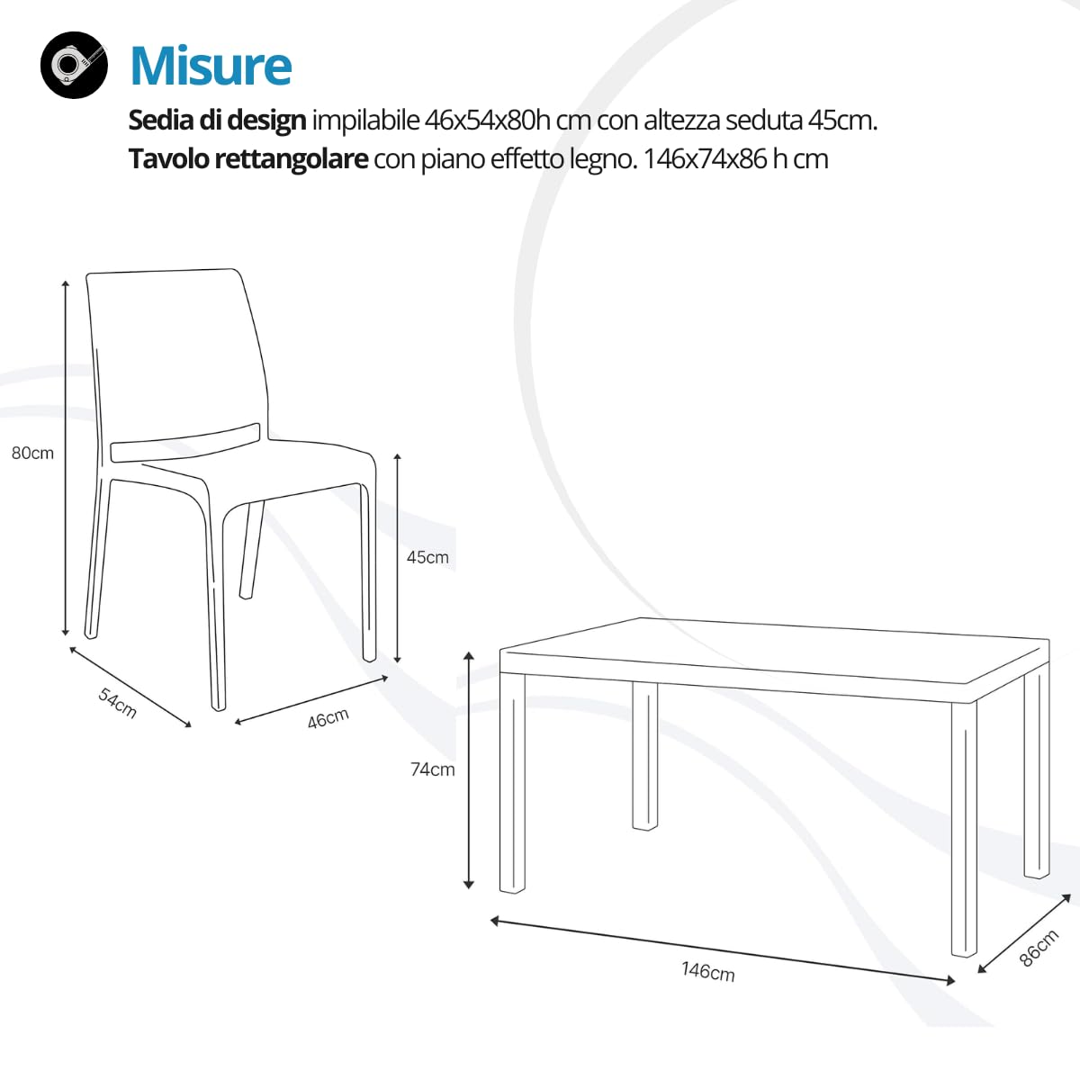 Tomaino - Tavolo da Giardino con Sedie per Esterno - Set Lion King composto da Tavolo King con 6 Sedie Volga Impilabili - Balcone, Veranda (Bianco)
