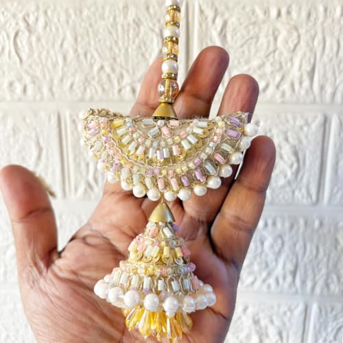 Image of Adikala Craft Store Handmade Ethnic Latkan Tassel Set of 2 for Saree Pallu, Blouse, Suits, Dupatta, Lehenga Decor | Ethnic Saree Pallu, Blouse, Suit, Dupatta & Lehenga Decoration (White Pearl)