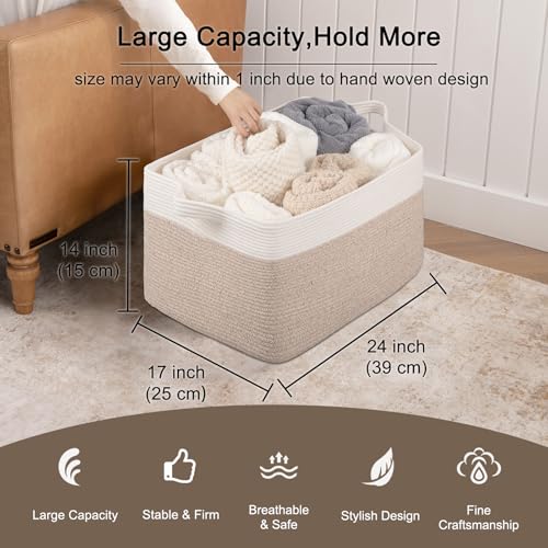 Image of OIAHOMY Extra Large Blanket Basket, 95L Cotton Rope Woven Laundry Basket, Toy Bin for Baby Room, Container for Blanket Storage in Living Room, 24''x17''x14'', Brown & White
