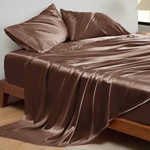 Image of Bedsure Satin Sheets Full Size, Soft Silky Bedsheets for Hair & Skin | Similar to Silk Bed Sheets Set 4 Piece with 15 Inches Deep Pocket Fitted Sheet,1 Flat Sheet, 2 Satin Pillowcases