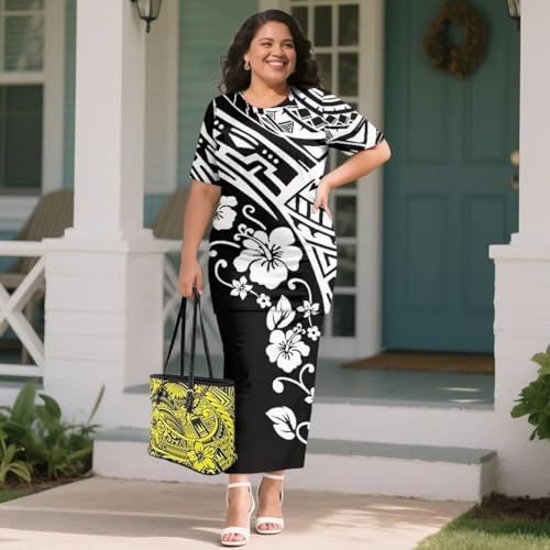 Image of Puletasi Samoan Traditional 2 Piece Outfits for Women Short Sleeve Crop Top and Maxi Skirt Sets Puletasi Dress