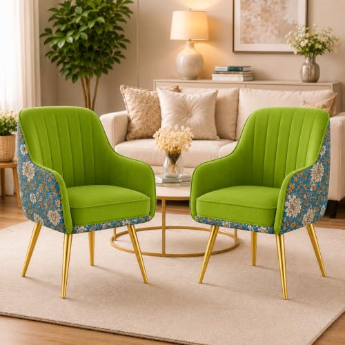 Image of Set of 2 Accent Chair for Living Room | Modern Armchair in Soft Velvet Fabric with Sturdy Legs | Premium Chair for Home Living Room Bedroom Restaurent | (Gold Legs, Parrot Green Floral)