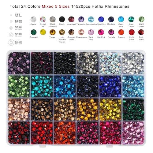 Image of Hotfix Rhinestones Mixed 24 Colors & 5 Sizes,14520pcs | Mat: glass, SS6-SS30(2mm-6mm),for crafts clothes,with tweezers,wax pencil and spoon