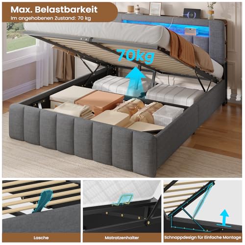 AOGLLATI Polsterbett 140x200 mit Stauraum,Hydraulisches Bett mit LED-Bleuchtung und Ladestation Jugendbett Doppelbett Bettgestell mit Kopfteil aus Samt-Ohne Matratze (Grau Leinen, 140x200cm)